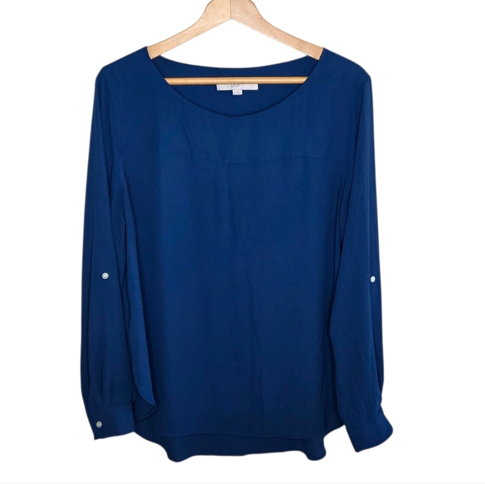 Loft | Blue Long Sleeve Roll Tab Sleeve Popover Blouse Size Large